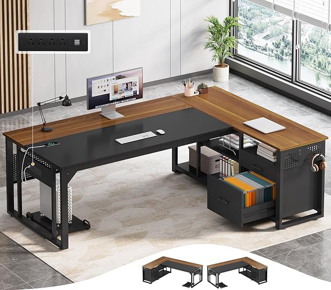 71 in Executive Desk with Power Outlets Reversible L Shaped Computer Desk with File Drawers &amp Storage Shelves Large Office Desk with Pegboard Mobile CPU Stand Modern Corner Desk (Walnut)