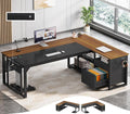 71 in Executive Desk with Power Outlets Reversible L Shaped Computer Desk with File Drawers &amp Storage Shelves Large Office Desk with Pegboard Mobile CPU Stand Modern Corner Desk (Walnut)
