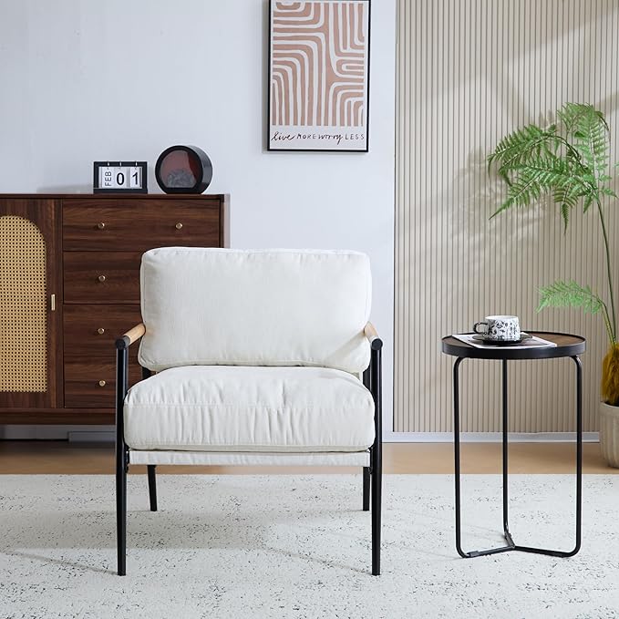 Merax 27.56 Modern Accent Chair with Plush Cushions Minimalist Metal Frame and Wooden Armrest DesignPerfect for Cozy Living Room Bedroom or Office SeatingWhite