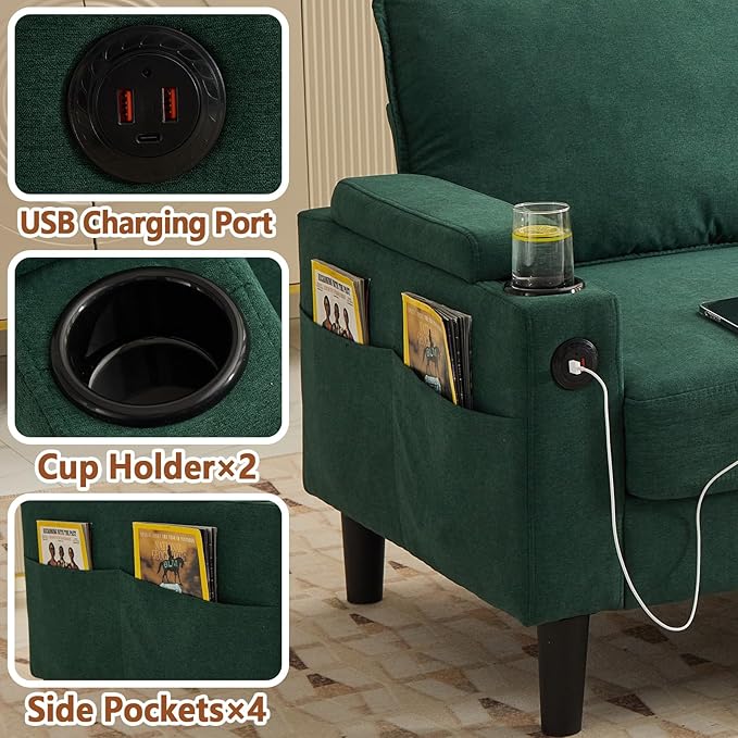 (New) 3 Seater Couch with Ottoman Grey Couch with Removable Pillows Chenille Sofas with USB Cup Holders Side Pockets L Shaped Sofa for Living Room Apartment (Green)