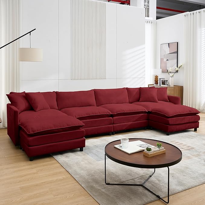 Modular Sectional Sofa143.31'' Modern Sofa Sleeper CouchComfy Cloud Couches with 4 Seat &amp 2 Ottoman &amp 4 Pillows Sofa SetDeep Seat Sofa with Movable Ottoman for Living RoomChenille (Red U