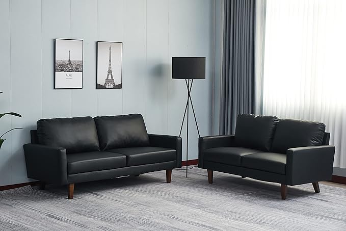 INSTORY Leather Sofa Modern Couch with Wooden Legs for Living Room Office - Black