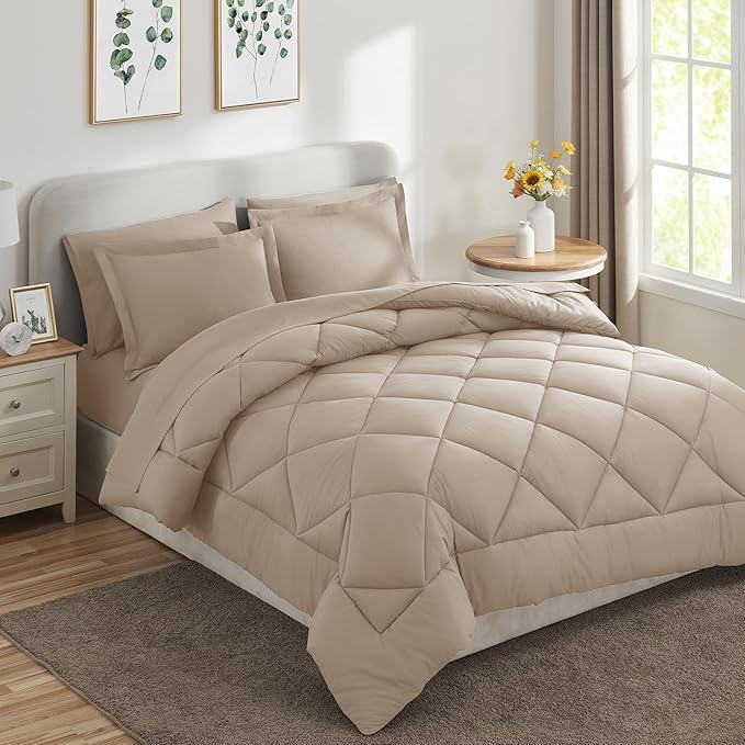 CozyLux Queen Comforter Set Wheat - Bed in a Bag Queen Size 7 Pieces Luxury Soft Bed Set for All Seasons Bedding Set with Down Alternative Comforter Sheets Pillowcases &amp Shams