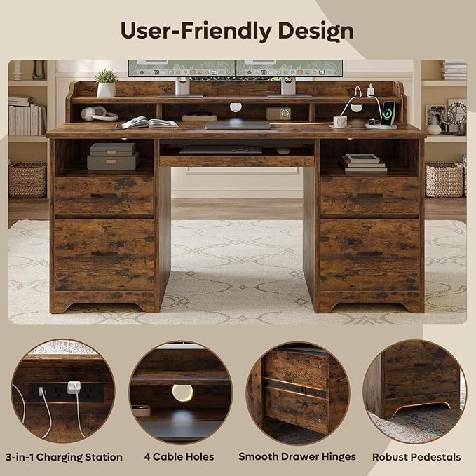 Bestier Farmhouse 59 Executive Desk with Drawers Wood Computer Desk with Charging Station Home Office Desk with Keyboard Tray &amp Monitor Stand Sturdy Pedestal Desk for Work Study Rustic Brown