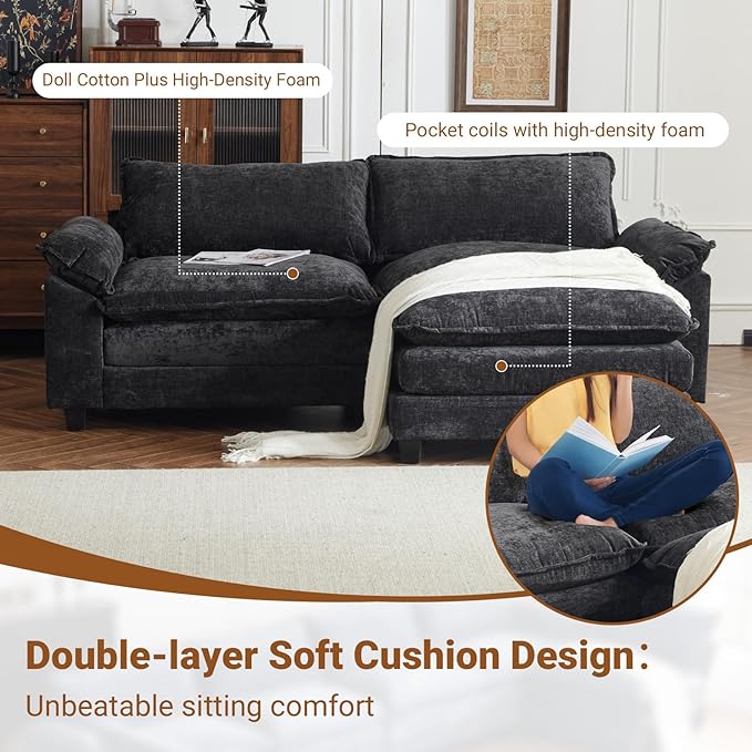 VINGLI 87 Convertible Sectional SofaL-Shape Deep Seat Sofa Couch for Living RoomModern Chenille 2 Seat Loveseat Sofa with Ottoman for Small Space(Black 87)