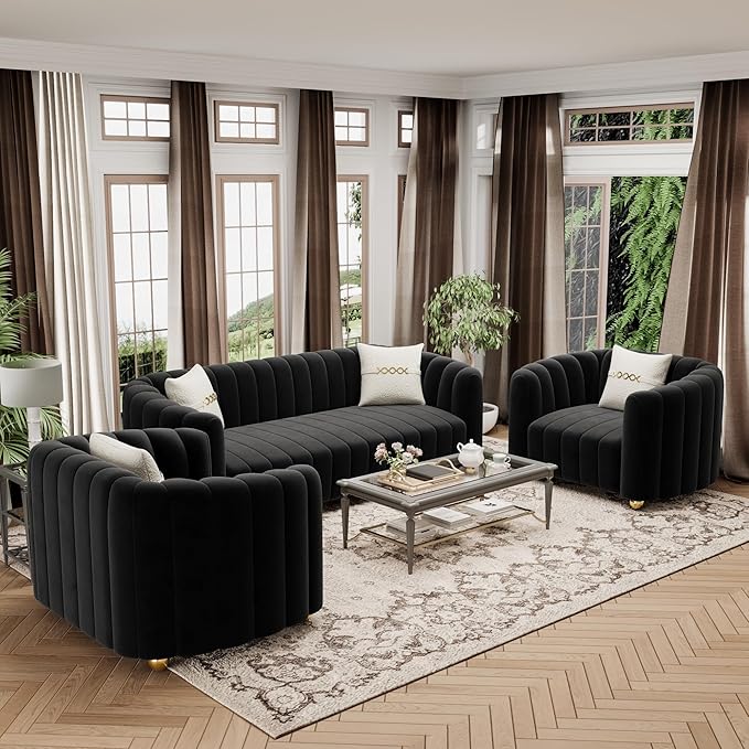 42 Velvet Sofa Chair for Living Room Modern Single Sofa with Gold Metal Sphere Legs (Black-1 Seater)