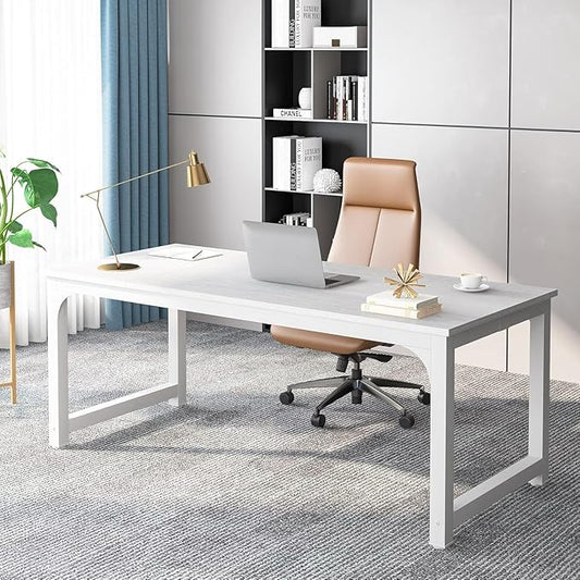 70.8 inch Executive Desk Rustic Office Computer Desk with Thick Metal Frame Vintage Workstation Writing Table Business Furniture for Office Study (White)