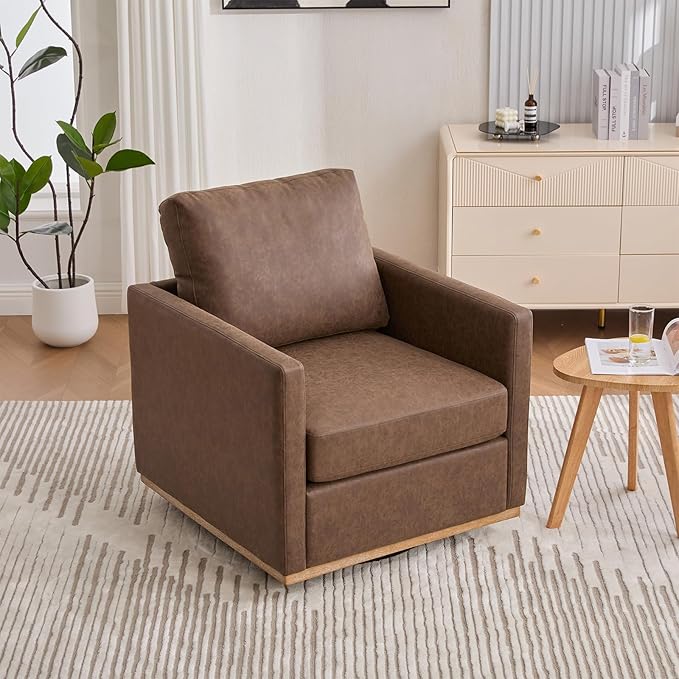 360° Swivel Accent Chair Square Modern Comfy Chair with Metal Base &amp Thicked Cushion Upholstered Lounge Reading Armchair Cozy Cloud Sofa Chairs for Living Room Bedroom Office Club(PU Coffee