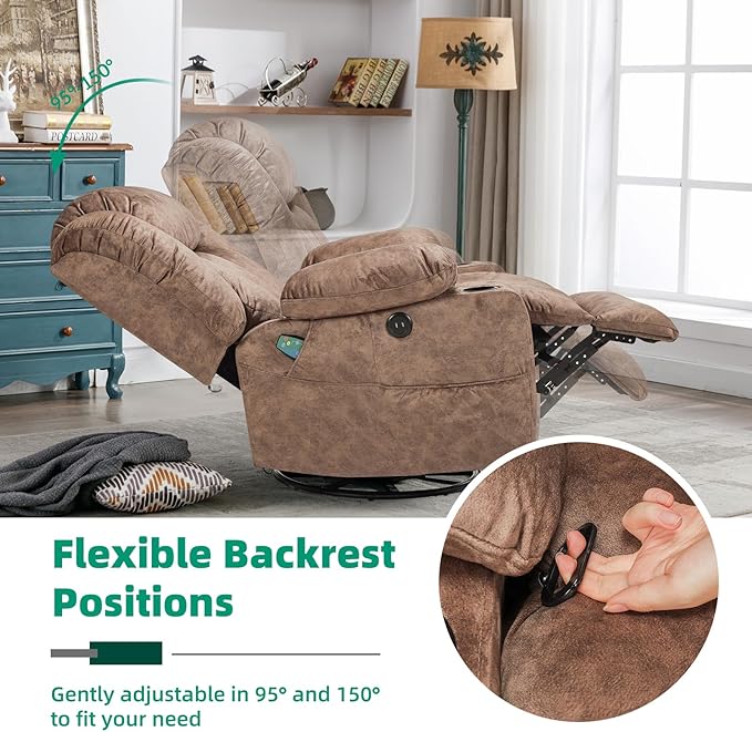 VIVIJASON Manual Swivel Rocking Glider Recliner Chair with Heat &amp Vibration Massage 360° Swivel Overstuffed Reclining Chair with 2 Cup Holders Side Pockets &amp USB Ports for Living Room Plush