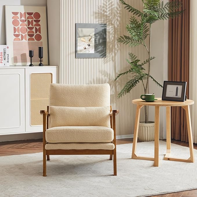 Karl home Accent Chair Wide Armrest Mid-Century Lounge Chair Teddy Fleece Armchair with Lumbar Pillow &amp Solid Wood Frame for Living Room Bedroom Balcony Khaki