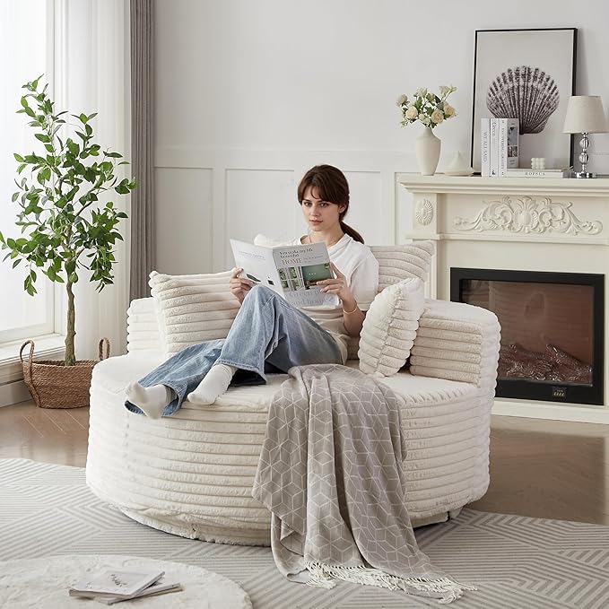 55''L Round Swivel Accent Chair Oversized Plush Corduroy Modern Swivel Barrel Chairs Upholstered Cozy Reading Chair for Living Room Bedroom Home Office (Corduroy Beige)