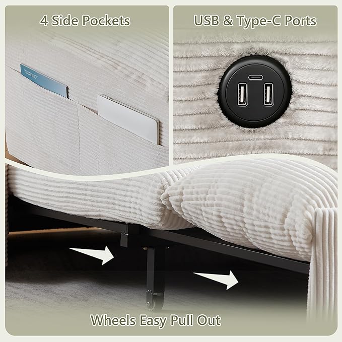 Queen Size Pull Out Couch Sleeper Sofa Bed Queen with USB Storage Pockets &amp Pillows 3-in-1 Modern Convertible Loveseat Couch Bed for Living Room Bedroom Office Apartment Corduroy(Beige)