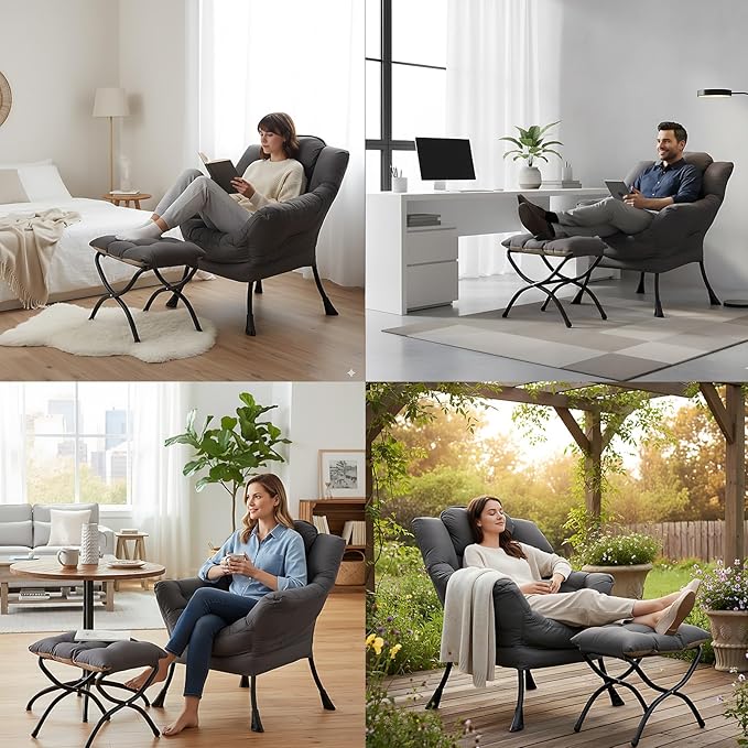 Lazy Chair with Ottoman Lounge Accent Arm Chair with Armrests Side Pocket and Footrest Leisure Upholstered Sofa Reading Chair with Footstool for Living Room Bedroom Dark Grey