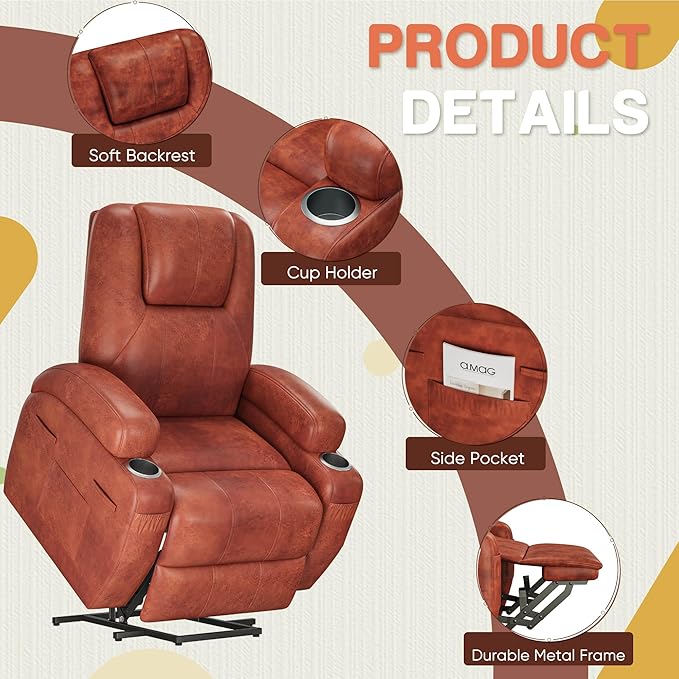 Furmax Electric Power Lift Recliner Chair with Massage for Elderly Corduroy Fabric Recliner Single Sofa with Cup Holders Side Pockets and Remote Control for Living Room Bedroom (Leathaire Brown)