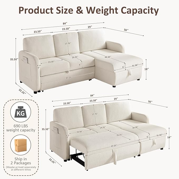 84-inch Sleeper Sofa Bed L-Shaped Corner Reversible Sleeper Sectional Sofa with Storage Chaise 2 in 1 Cloud Terry Convertible Pull Out Couch for Small Space Bedroom Apartment Office Living Room