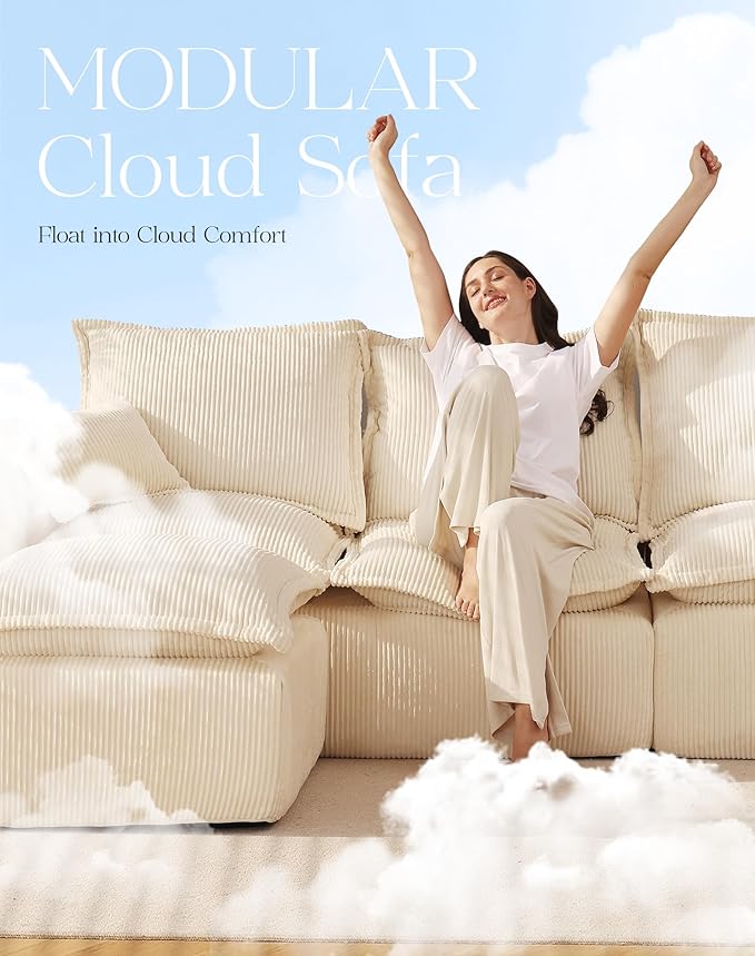 107 Comfy Cloud Couch with L-Shape Chaise &amp Deep Seat Modular Sectional Sofa in a Box Boneless Upholstered Couches for Living Room No Assembly Required (Soft Corduroy Beige)
