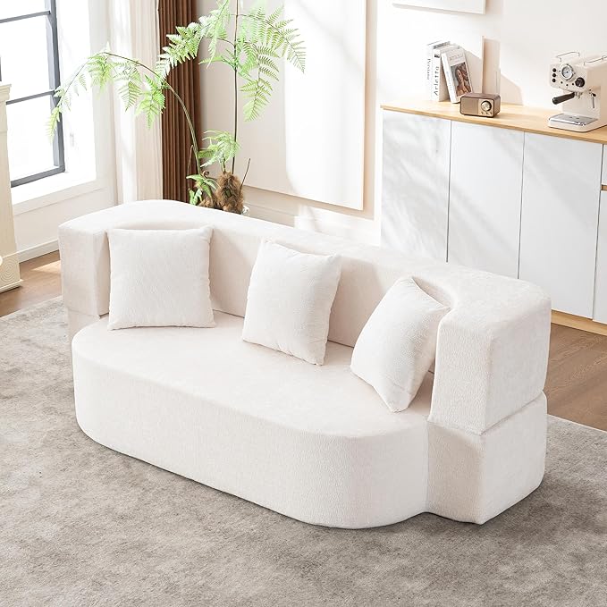 2 in 1 Convertible Sofa Bed 78.8 Modern Loveseat Sofa Couch Curved Folding Sleeper for Living Room Apartment Small Space No Assembly Required Ivory