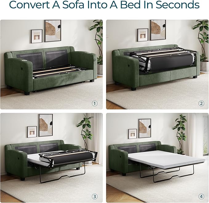 LINSY HOME Pull Out Sofa Bed - Convertible Loveseat Sleeper Sofa Upgraded Bed Frame Pullout Couch - USB Charging &amp Cup Holders Corduroy Sofa Bed for Living Room Small Space Queen Size (Green)