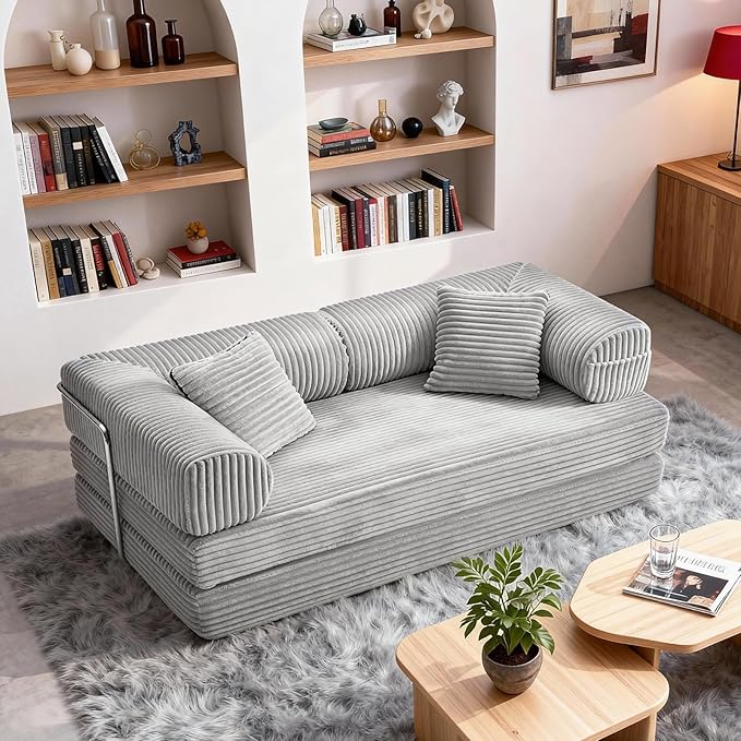 76.77 Inch Convertible Sofa Bed Modern Corduroy Futon Boneless Couches Lounge Loveseat with Side Storage Pocket Pull Out Sofa Bed for Living Room Bedroom No Assembly Required Grey