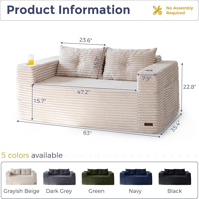 MAXYOYO 63 Boneless Loveseat Sofa Couch for Small Spaces Mini Love Seat Floor Couch with Cup Holders and Pillows 2-Seater Upholstered Cloud Couch for Bedroom Apartment No Assembly Required