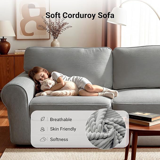 Claiks 83 Corduroy Loveseat Sofa for Living Room Boneless Sofa with Wide Rounded Armrest Deep Cushioned Couch with Lock-Stitched Edges Skin-Friendly Cloud Couch White Light Grey | Corduroy Bone