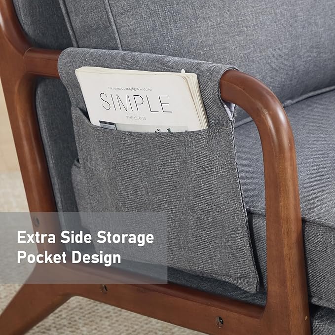 ANJ Mid Century Modern Accent Chair Set of 2 Lounge Reading Armchair with Extra Side Pocket &amp Detachable Cushion Comfy Fabric Accent Chairs for Living Room Bedroom Grey