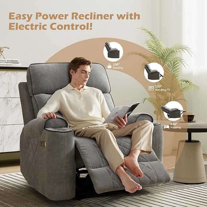 EBELLO Electric Recliner Chair Soft Fabric Power Reclining Chair with Cup Holders USB Charging Ports for Living Room Bedroom and Meeting Room Light Grey