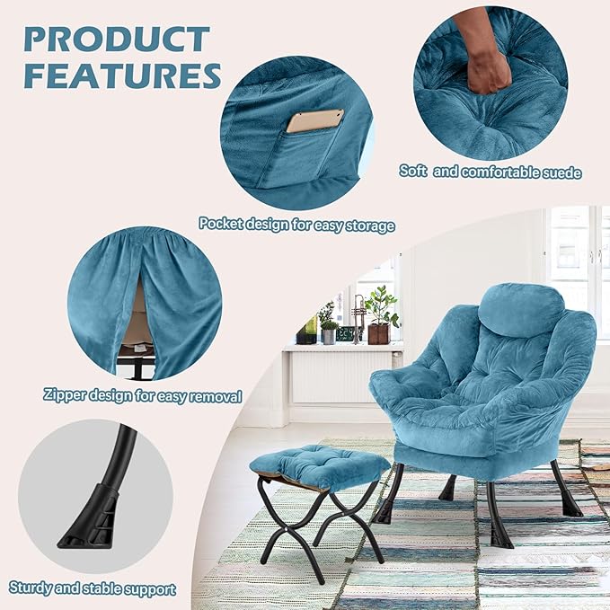 Lazy Chair with Folding OttomanLeisure Sofa ChairSoft Fabric Armchair with Armrests and Side Pockets Reading Chair with Footrest for Living Room Bedroom Office (Plush Blue)