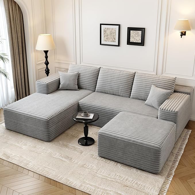 107.5 Cloud Modular Sectional Couch with 1 OttomanModern Minimalist Upholstered Couches Comfort U Shaped Sofa for Living RoomDeep Seat Corner CouchNo Assembly Required (GreyLeft Facing Chaise)