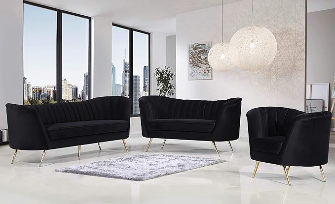 Meridian Furniture Margo Collection Modern | Contemporary Velvet Upholstered Loveseat with Deep Channel Tufting and Rich Gold Stainless Steel Legs Black 65 W x 30 D x 33 H