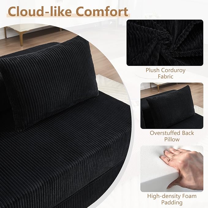 KIVENJAJA Folding Sofa Bed Full Size 3-in-1 Convertible Sleeper Sofa Corduroy Foldable Boneless Floor Futon Couch with Backrest &amp Pillows for Home Living Room Office Apartment Small Spaces Blac