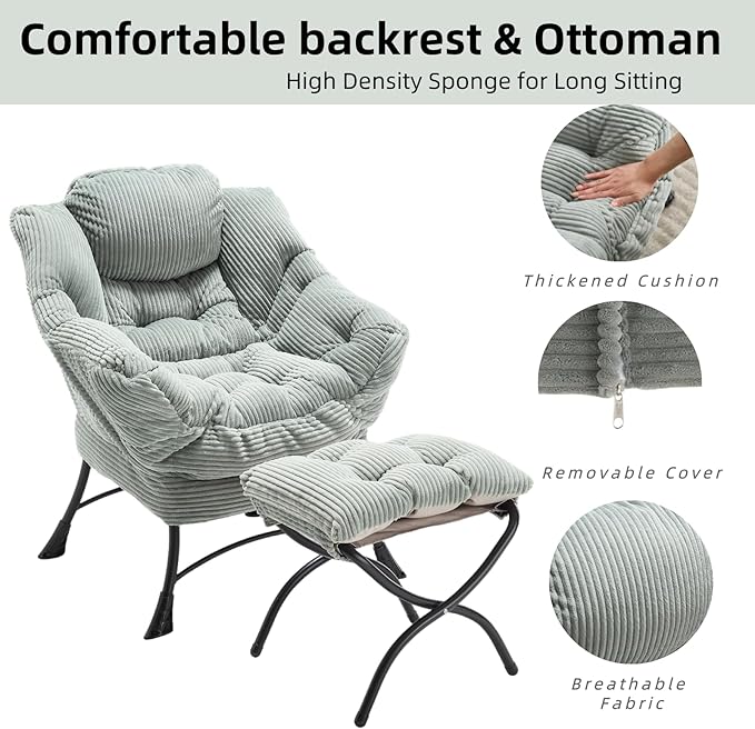 Ergonomic Modern Lazy Chair with Ottoman - Comfy Upholstered Lounge Reading Armchair with Footrest Space-Saving Accent Chair for Living Room Bedroom Office (Light Green)