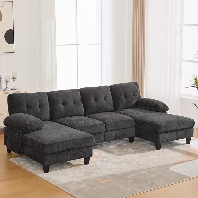 103.5 U-Shaped Sectional Sofa Modern Chenille Fabric Couch with Dual Chaise Lounges Side Storage Pockets and Armrest Pillows for Living Room (Black//16)