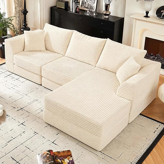 102 L-Shaped Modular Corduroy Cloud Sofa 3-Seater with Reversible Chaise Beige Memory Foam Cushion No Assembly Required