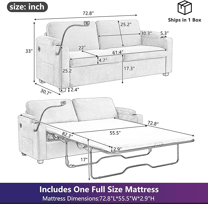 Merax 72.8 Corduroy Sleeper Sofa Bed with Full Size Mattress Futon Couches with USB Ports | Phone &amp Cup Holders| Side PocketsPull Out Couch for Living Room Small Loveseat Grey