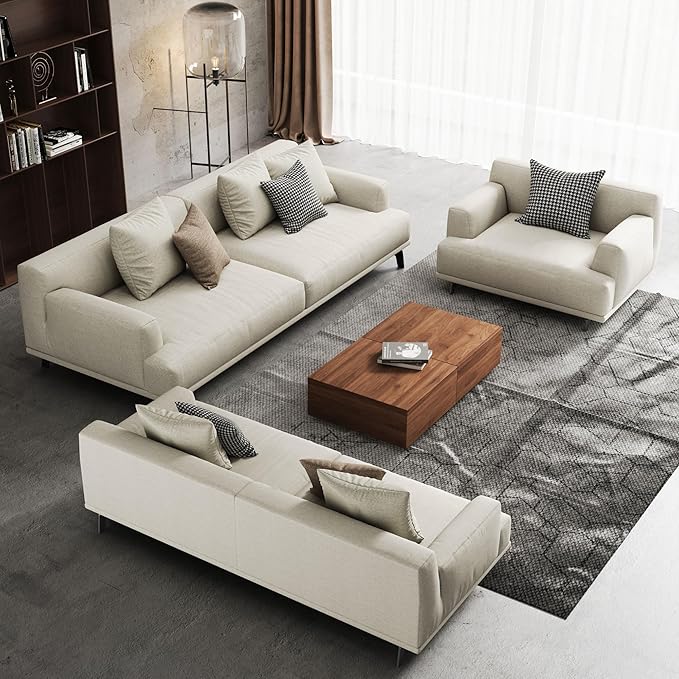 3-Seater Living Room Sofa - Modern Leisure Modular Sofa with Wooden Frame and Metal Legs Soft Cotton-Linen Fabric Easy to Install Suitable for Office Apartment and Living Room Grey 82.6