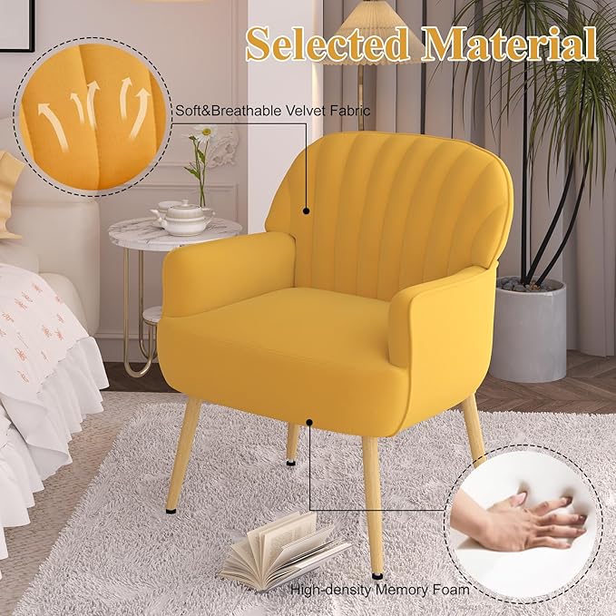 Velvet Accent Chair Mid Century Modern Accent Chairs for Living Room Comfy Upholstered Armchair with Metal Legs for Bedroom/Apartment/Office/Waiting Room Yellow