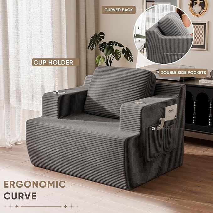 Homall 42” Single Sofa Foam Couch for Small Spaces Upholstered Floor Sofa with Cup Holder &amp Storage Pocket Boneless Couch for Bedroom Living Room (Grey Single)