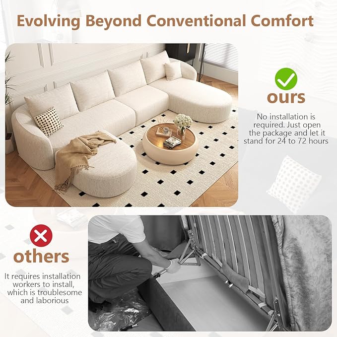 138.6 Modular Sectional Couches Luxury Modern Curved Back U-Shape Sofa Set with OttomanMinimalist Comfy Boneless Cloud Couch for Living Room Apartment(Right Facing ChaiseWhite)