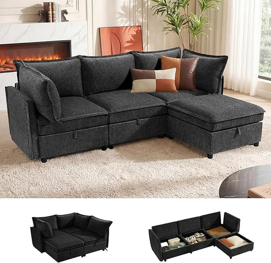 WorthFurni Modular Sectional Sofa Couches for Living Room Large Storage Couch with Washable Cover Comfy L Shaped Deep Seat Couch Set for Apartment Bedroom(4 Seater Dark Grey)