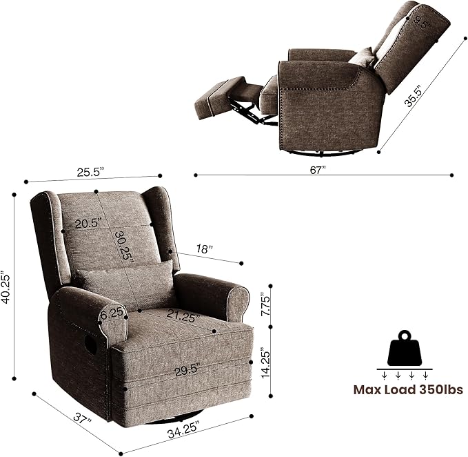 Nursery Glider Recliner Comfy Upholstered Glider Chair with Lumbar Pillow and Footrest Swivel Rocking Chair for Bedroom Living Room Brown