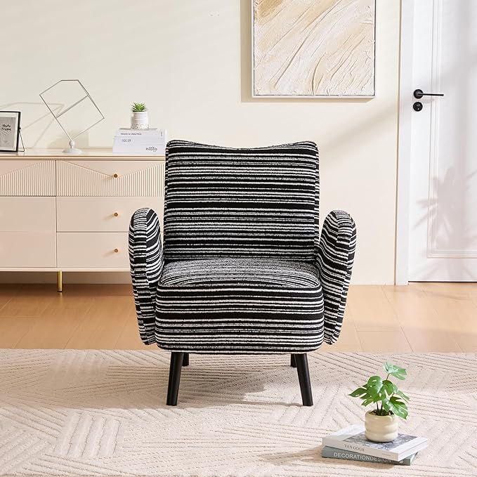 Modern Upholstered Armchair with Side Storage Pocket Fabric Reading Chair with Solid Wood Legs Ergonomic Accent Chair for Living Room Bedroom &amp Office (Black)