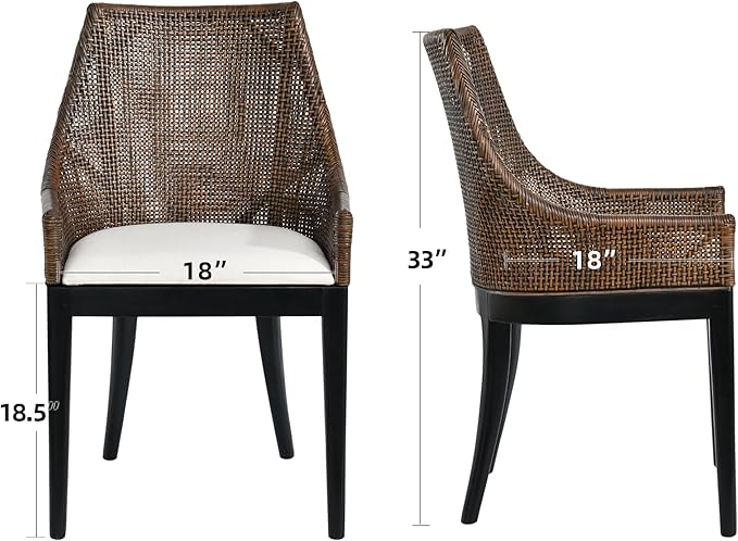 DUHOME 2 Sets Natural Cane Mesh Rattan Accent Chairs Tropical Coastal Woven Back Armchairs with Beige Fabric Cushion &amp Black Tapered Wood Legs Coastal Chairs for Living Room Bedroom
