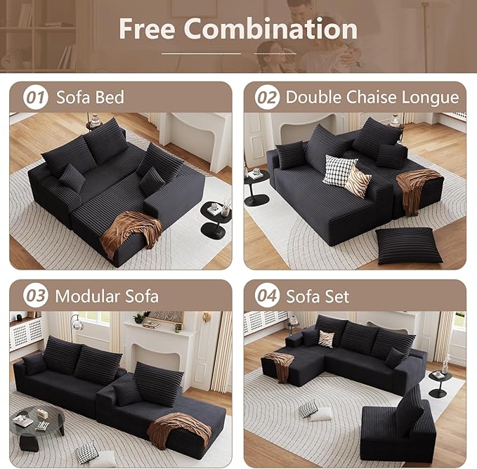 135.4 Cloud Sectional Couch with L-Shape Chaise Modern Corduroy Boneless Deep Seat Sofa 4-Seater Modular Sleeper Couch for Living Room Bedroom Apartment No Assembly (Black Left-Facing Chaise)