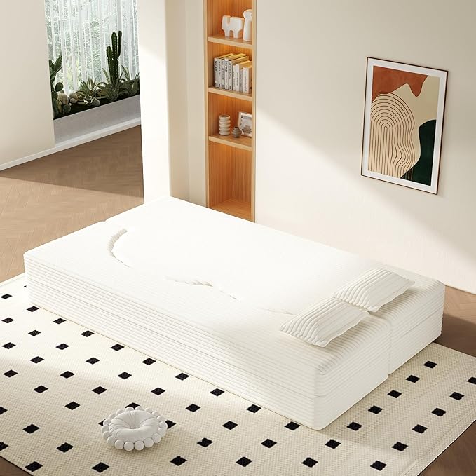 78” Corduroy Floor Sleeper Sofa Bed Modern 2 in 1 Full Size Foldable Mattress with 2 Pillows Convertible Boneless Couch with Deep Seat for Living Room No Assembly Required (Beige) | No Assembly Req