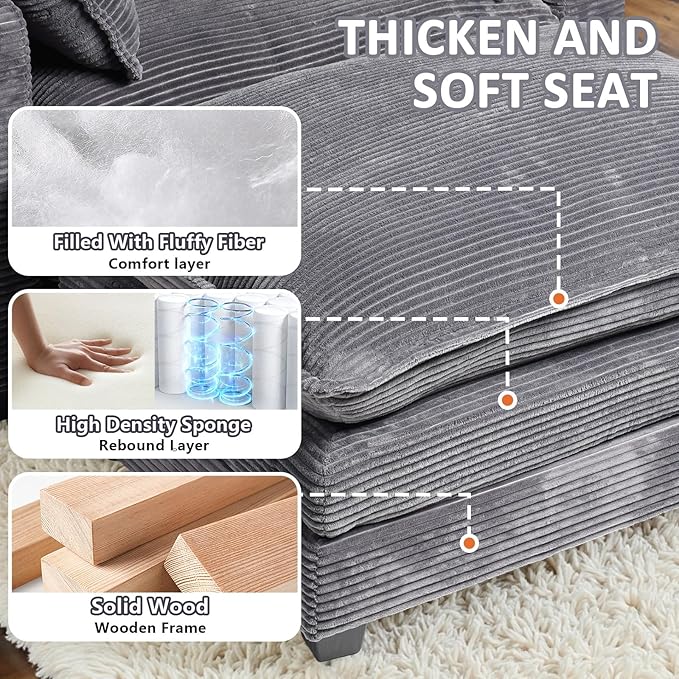 Oversized Chair with OttomanOversize Chaise LoungeReading Boneless Sofa BedChaise Lounge Chair Indoor with Side PocketSleeper Couch with USB&ampCup HolderCorduroy Sofa Couch for Living Room (Gre
