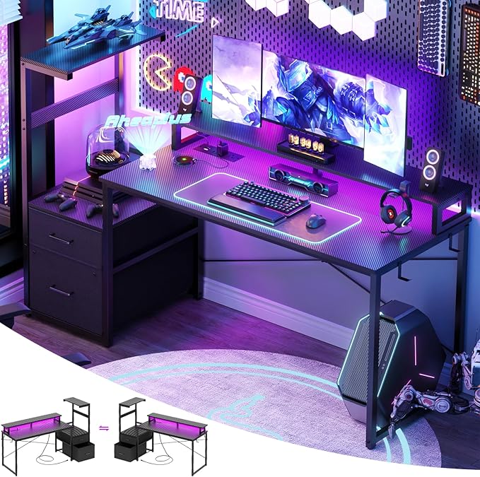 Aheaplus Gaming Desk with LED Strip &amp Power Outlet 59Inch Reversible Computer Desk with Monitor Stand &amp Storage Shelves Home Office Desks with Fabric File Drawer PC Gamer Table Carbon Fibe