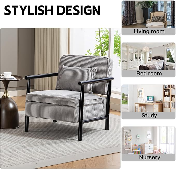 Accent Chair Comfy Modern Mid-Century Accent Chairs with Storage Corduroy Upholstered Lounge Armchair with Solid Wood Reading Side Single Sofa for Living Room/Office/Balcony/Bedroom-Gray