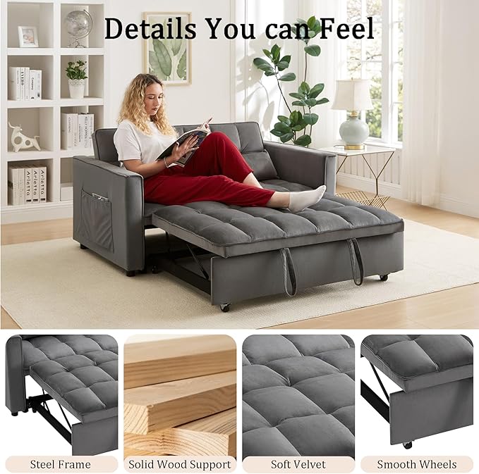 54'' 3 in 1 Convertible Sleeper Sofa Bed Futon Couches Bed for Living Room with Side Pocket | Adjustable Backrest| Velvet Fabric | Pull Out Couch | Love Seat Sofa Grey