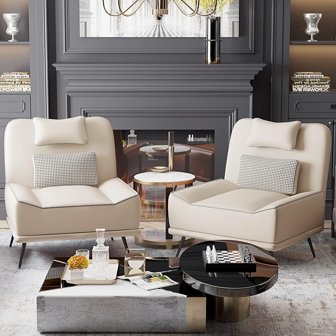 Yongqiang Faux Leather Accent Chair with Ottoman Modern Upholstered Large Sofa Chair for Living Room Bedroom Lounge Chair Armless Accent Chair and Ottoman Set Beige